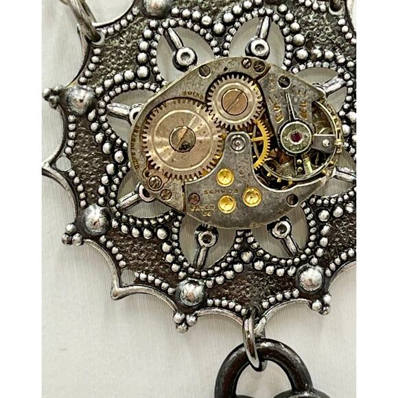 Gunmetal Steampunk Watch Movement Gears Wheels Heart  Pendant Necklace - Picture 6 of 7